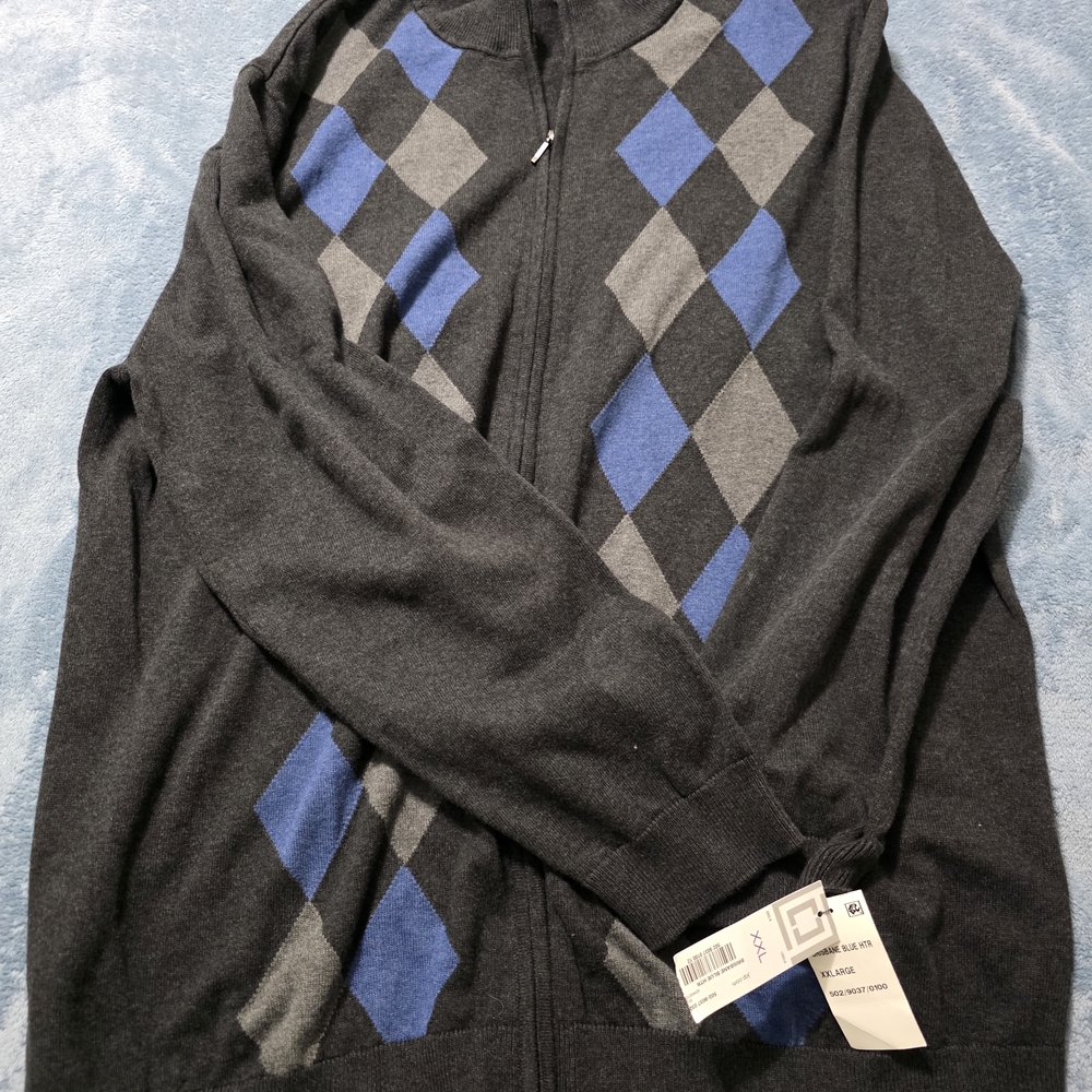Claiborne Men's Zip-Up Sweater - Black, Blue, and Gray Argyle
